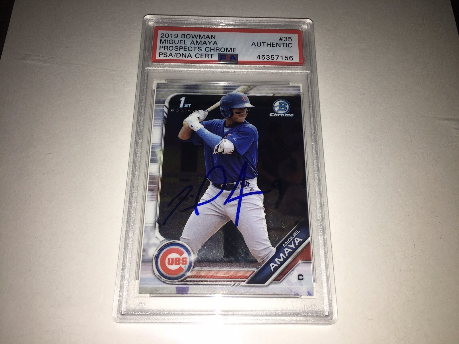 Miguel Amaya Signed 2019 Bowman #35 Baseball Card Chicago Cubs PSA/DNA Slab