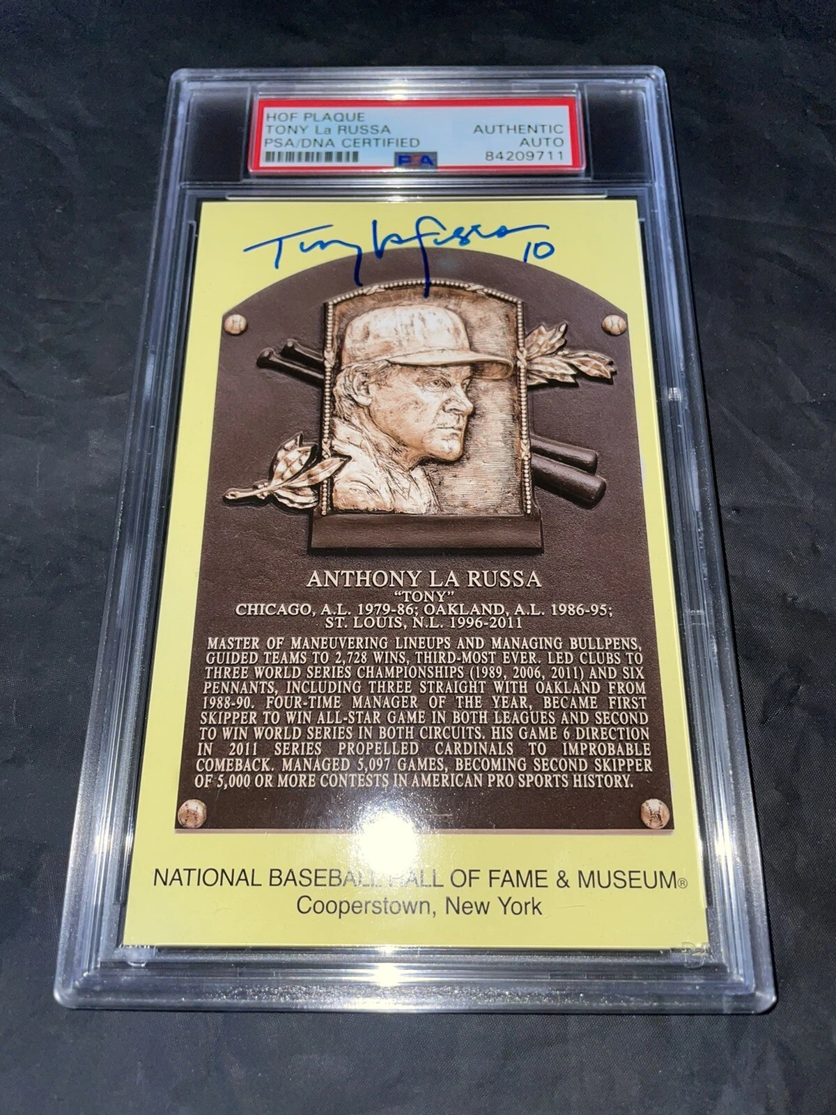 Tony LaRussa Signed Official Baseball HOF Plaque Postcard PSA/DNA Slab