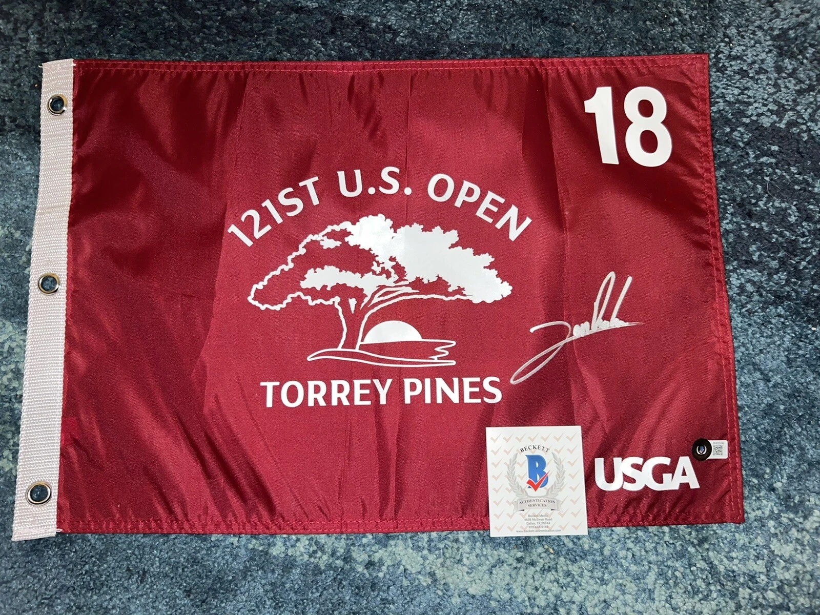 Jon Rahm Signed Official 2021 US Open Flag Torrey Pines 1st Spaniard Beckett #2