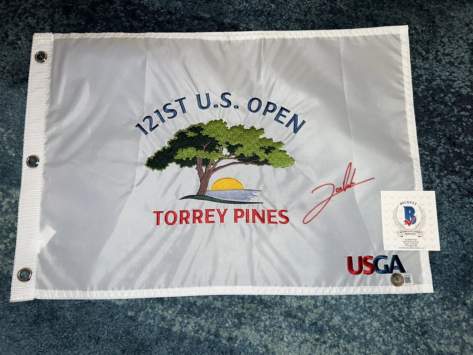 Jon Rahm Signed Official 2021 US Open Flag Torrey Pines 1st Spaniard Beckett #3