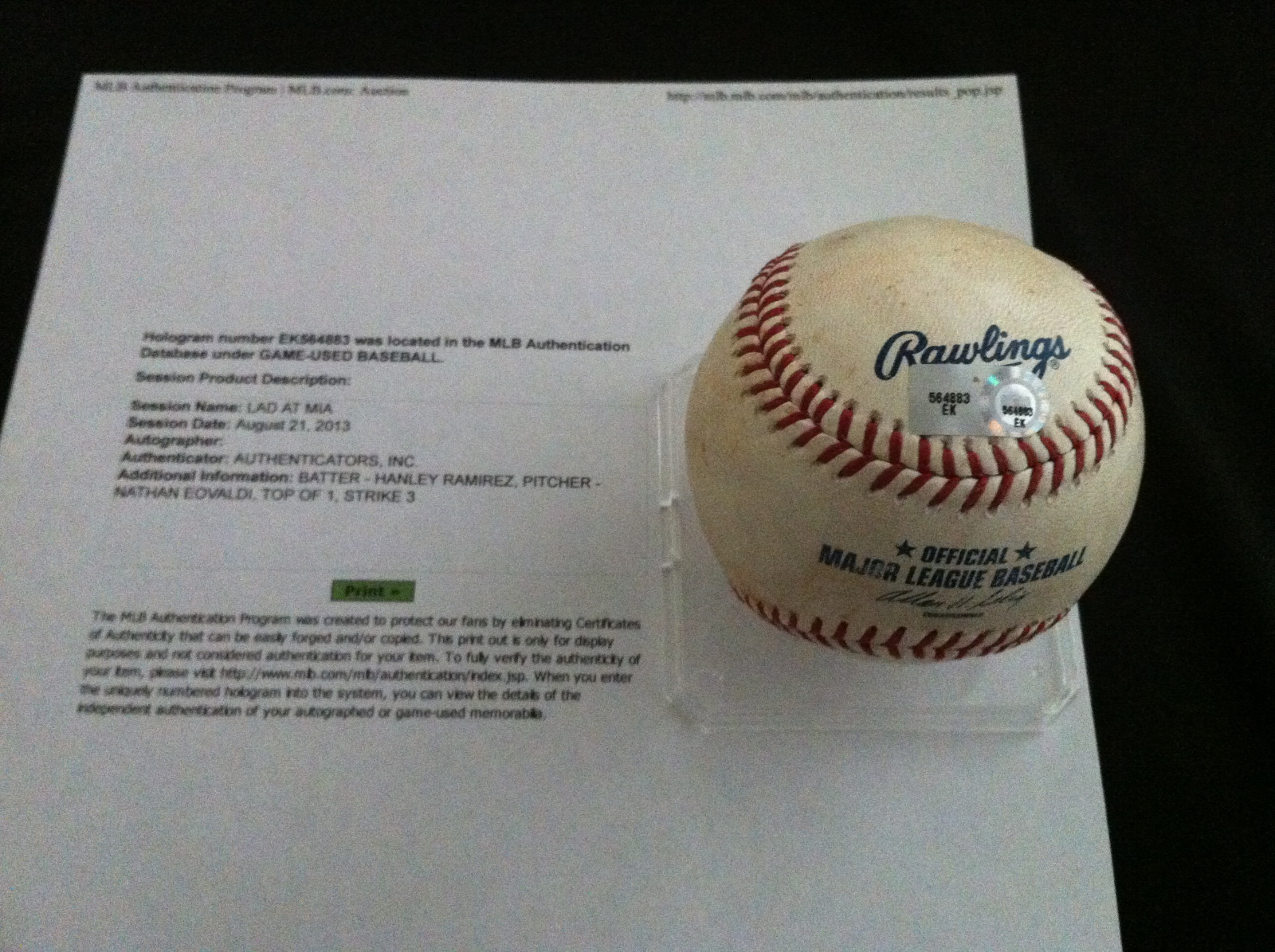 HANLEY RAMIREZ GAME USED BASEBALL MLB AUTHENTICATION LOS ANGELES DODGERS COLLECTIBLE MEMORABILIA