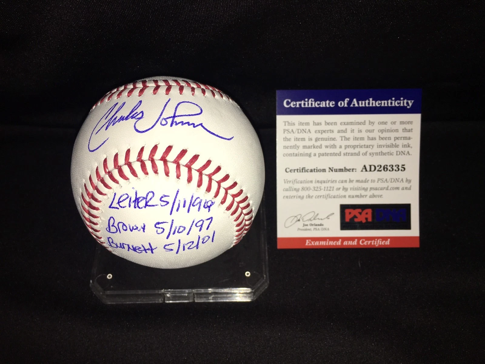 Charles Johnson Signed Major League Baseball 3 No Hitters Inscribed PSA #2