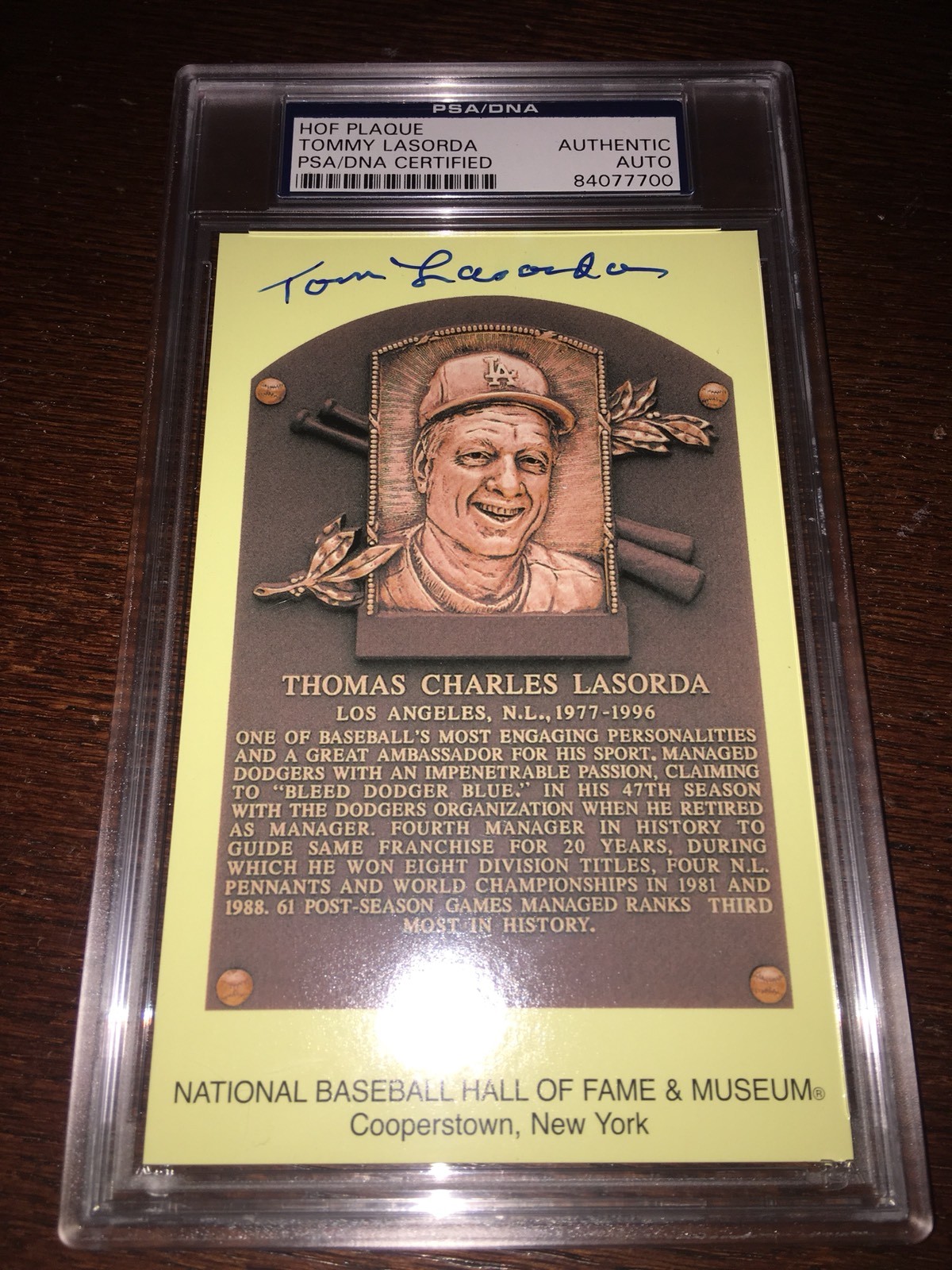 Tommy Lasorda Signed Official Baseball HOF Plaque Postcard PSA/DNA Slab Dodgers