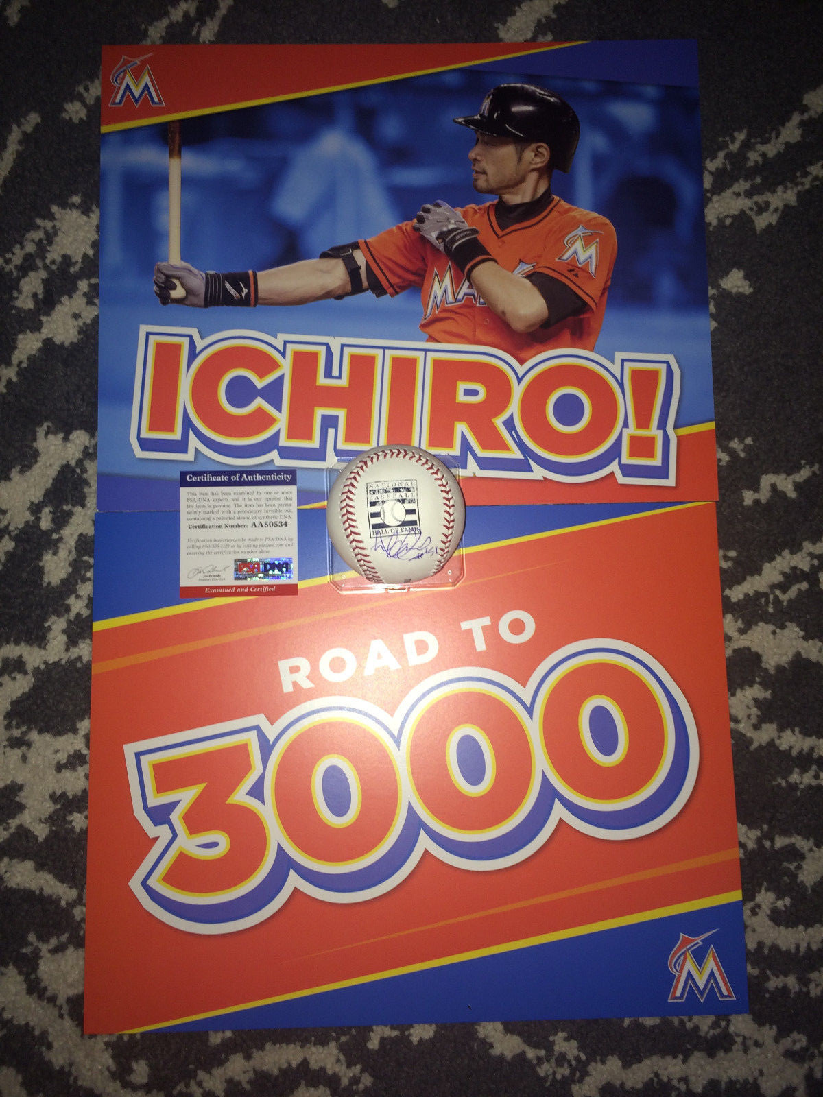 Ichiro Suzuki Signed Official Hall of Fame Baseball Marlins Road to 3,000 Poster