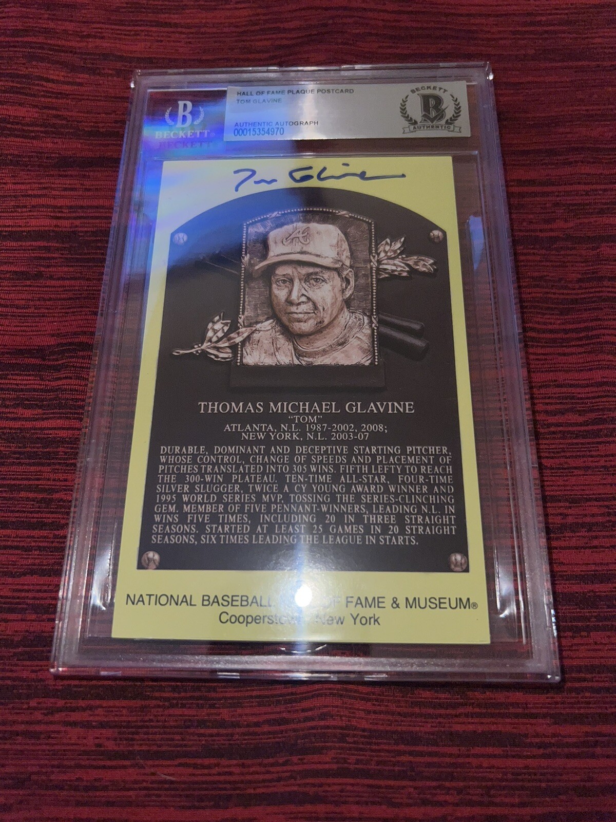 Tom Glavine Signed Official Baseball HOF Plaque Postcard Atlanta Braves BAS #4