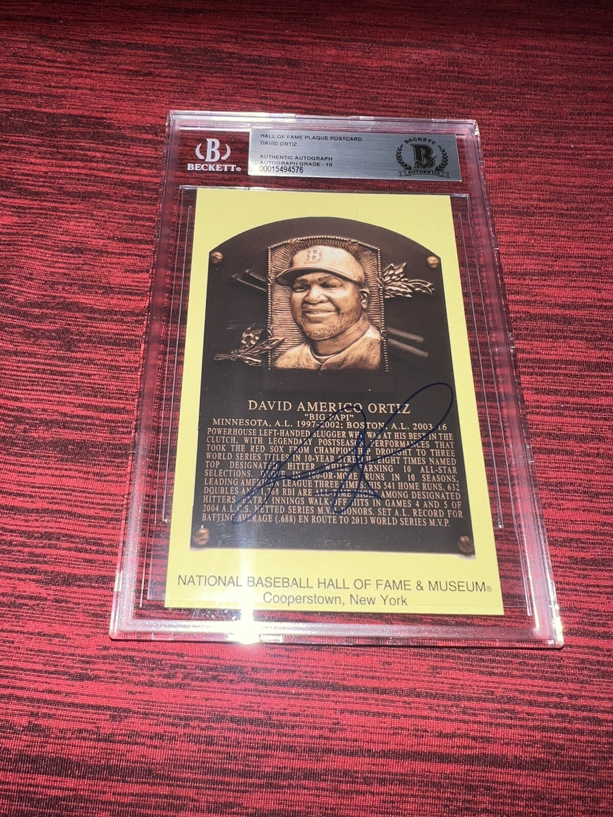 David Ortiz Signed Official Baseball HOF Plaque Postcard Beckett Auto Grade 10
