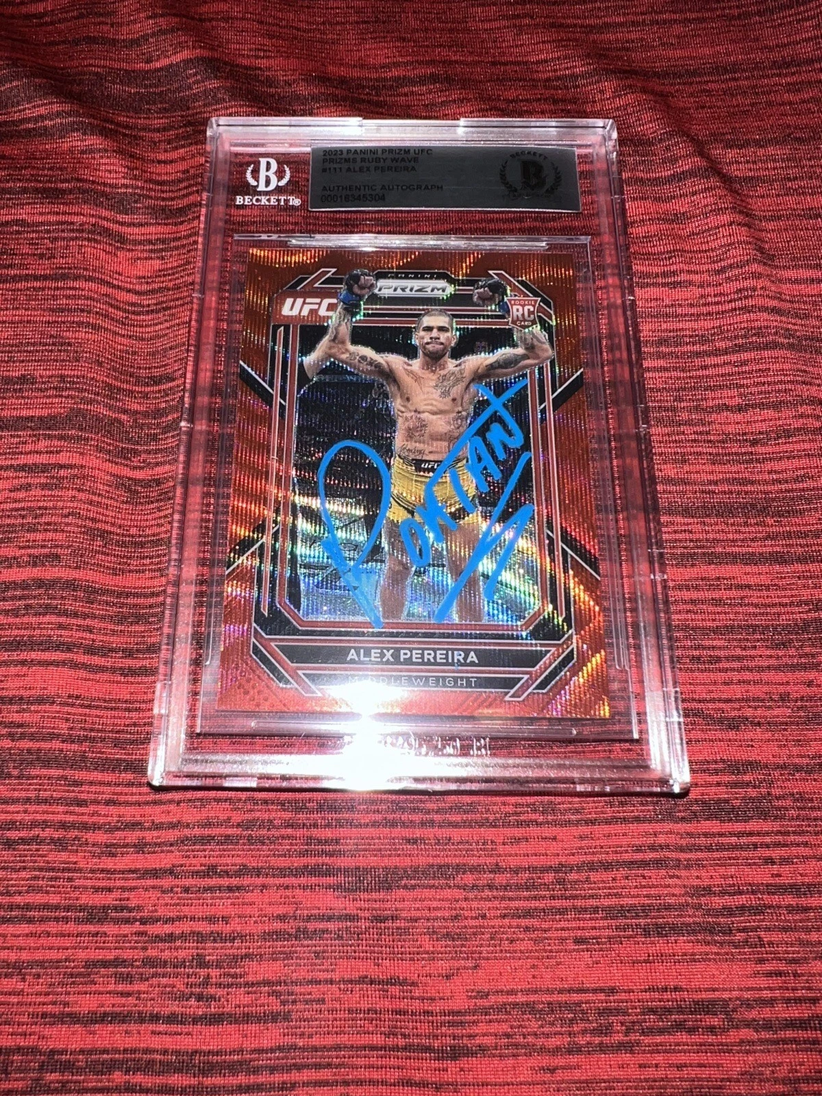 Alex Pereira Signed 2023 Panini Prizm Red Wave Trading Card Poatan RC Beckett