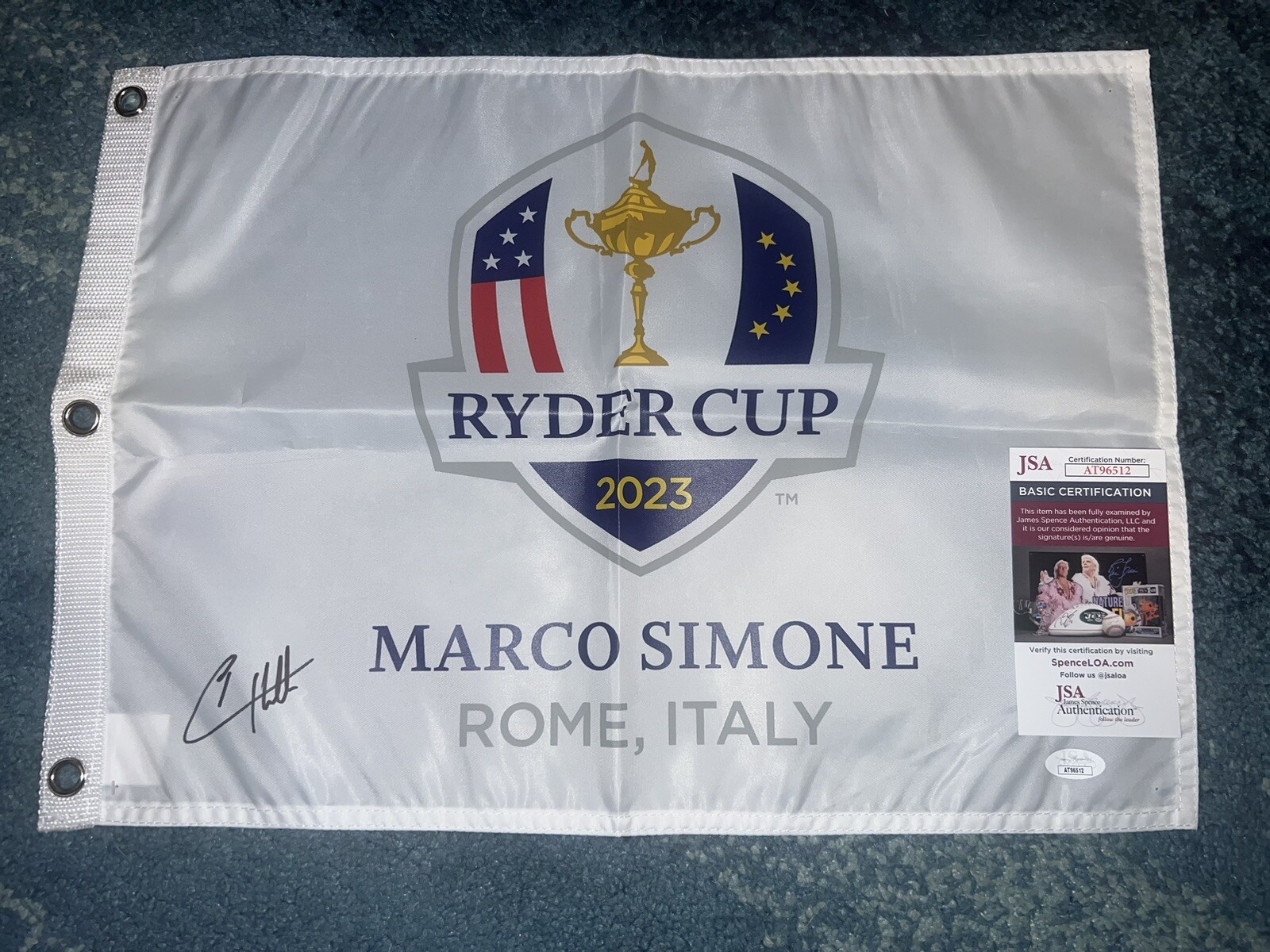 Tyrrell Hatton Signed Official 2023 Ryder Cup Flag Marco Simone Champ JSA #2