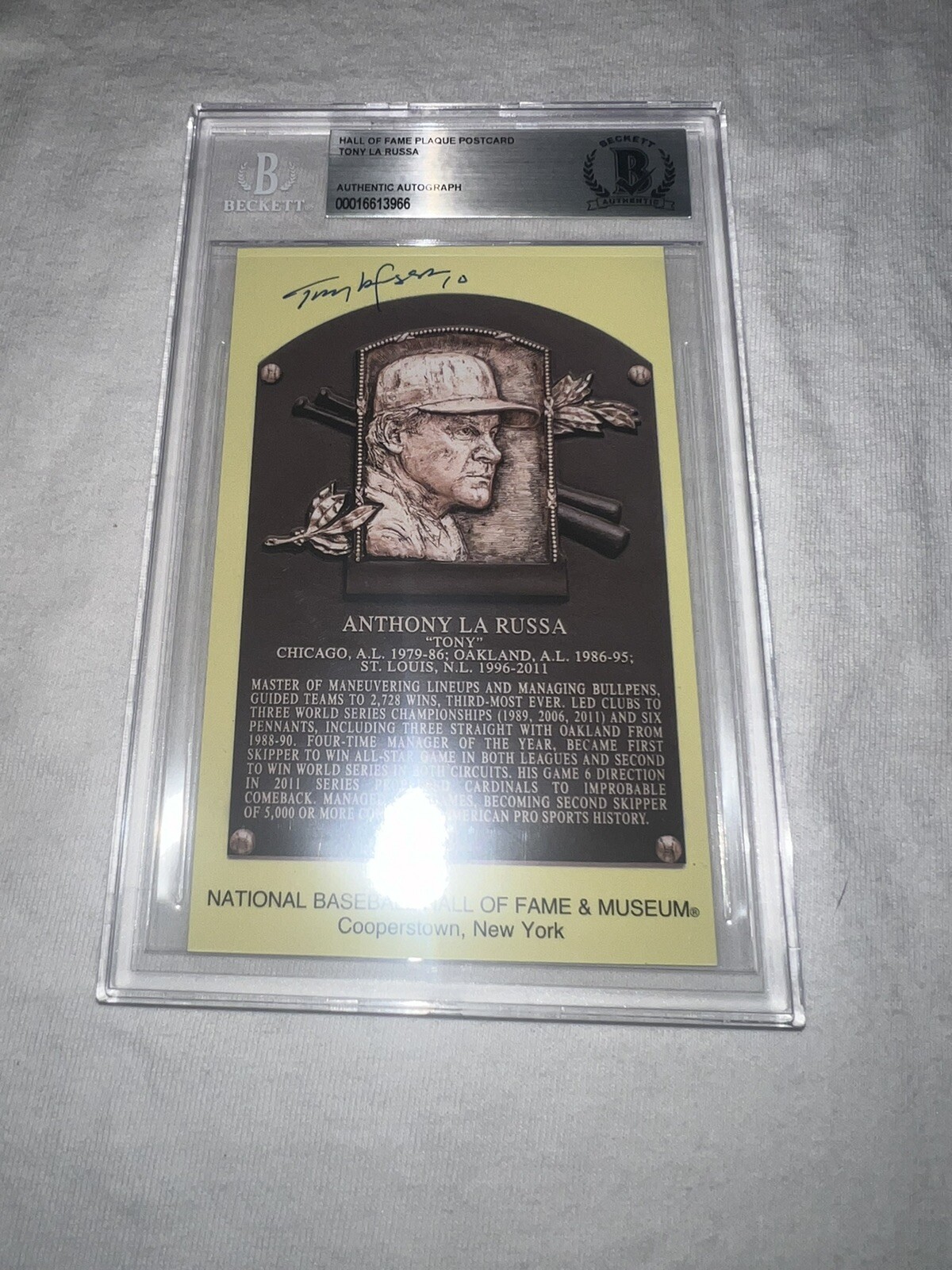 Tony LaRussa Signed Official Baseball HOF Plaque Postcard Cardinals Beckett #2