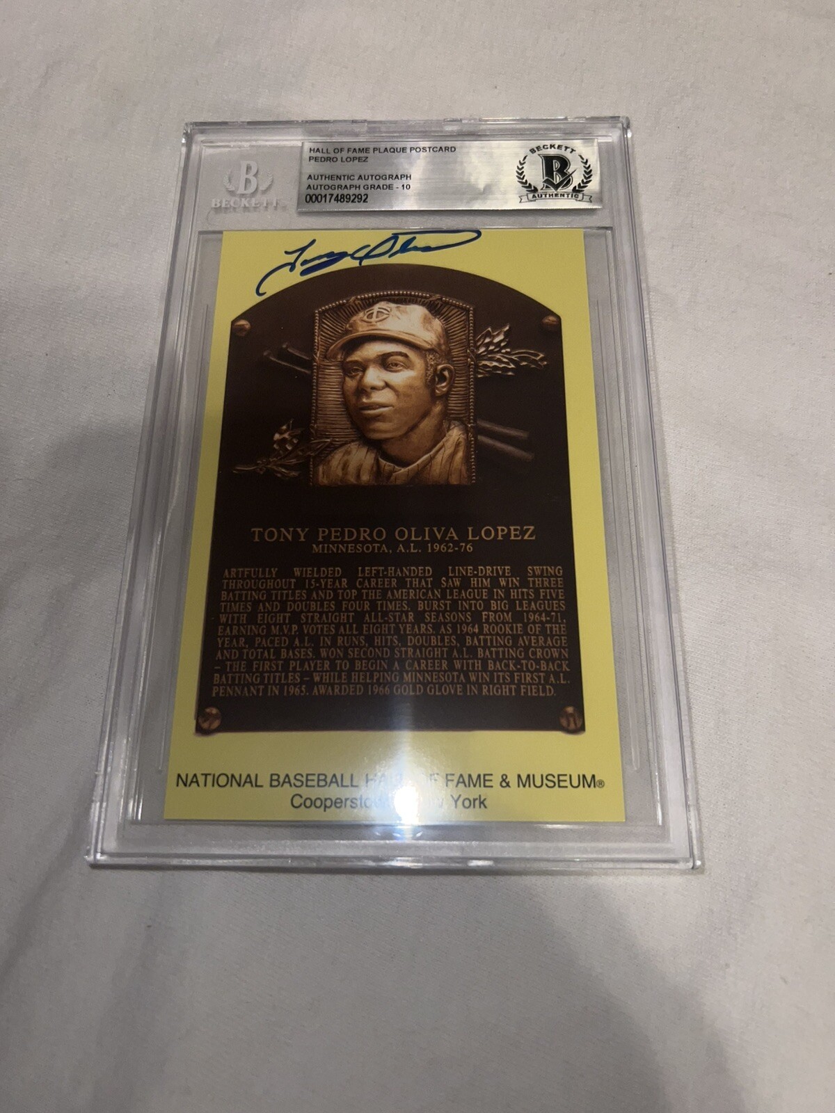 Tony Oliva Signed Official MLB HOF Plaque Postcard Cancelled Auto 10 Beckett