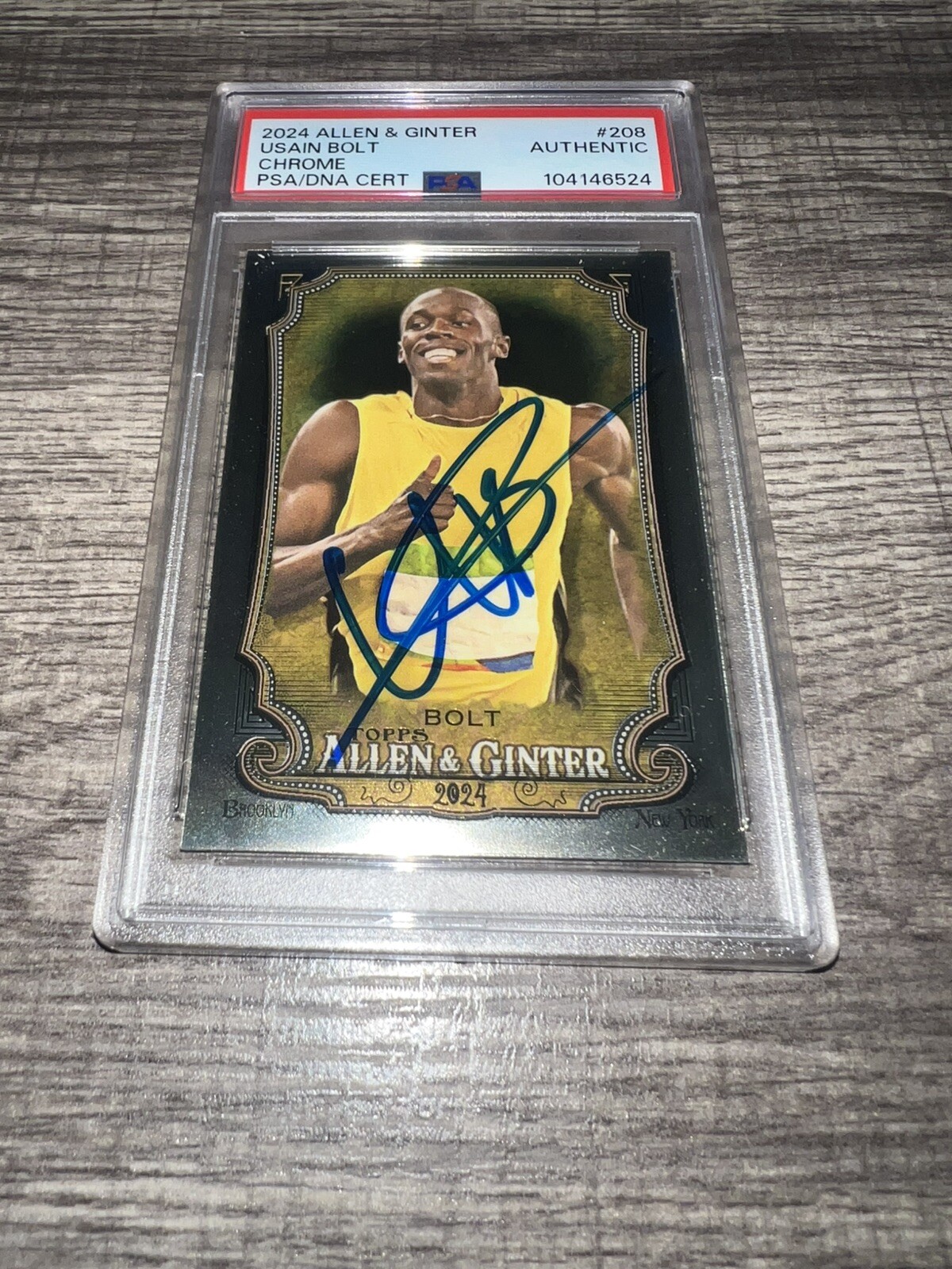 Usain Bolt Signed 2024 Allen & Ginter Chrome Trading Card #208 Gold Medal PSA #4