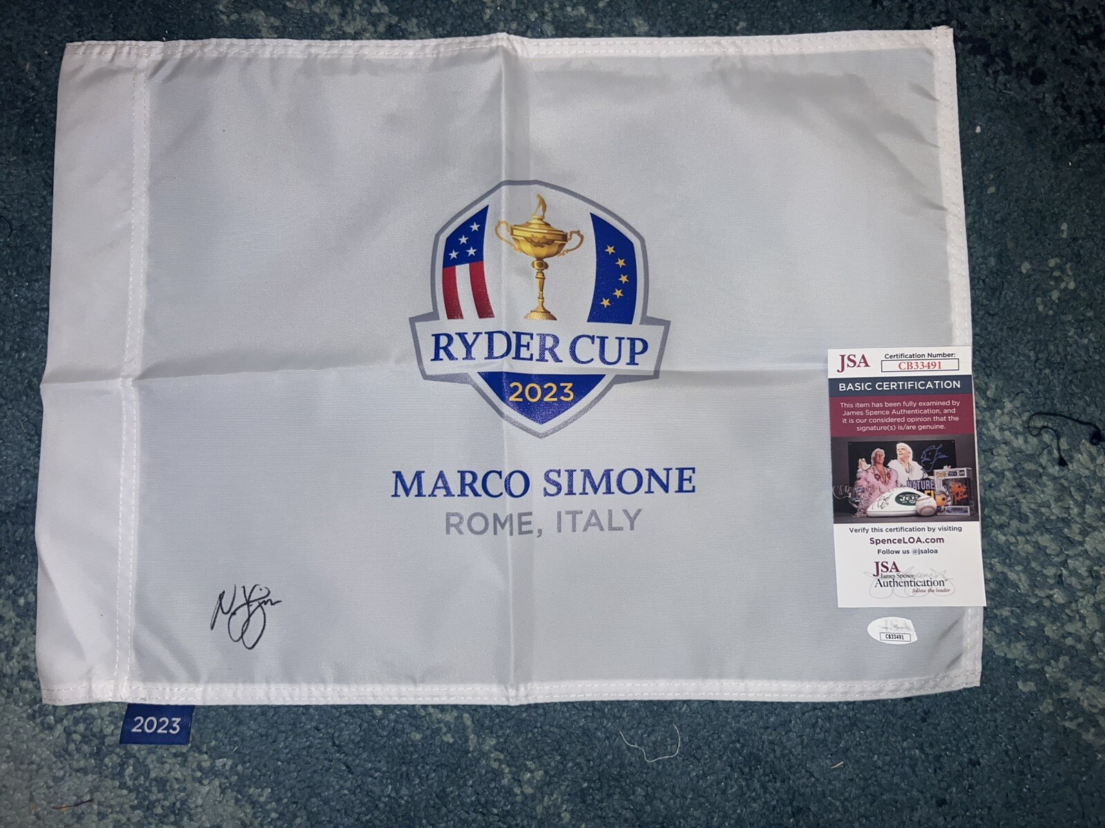 Nicolai Hojgaard Signed Official 2023 Ryder Cup Flag Marco Simone Champ JSA
