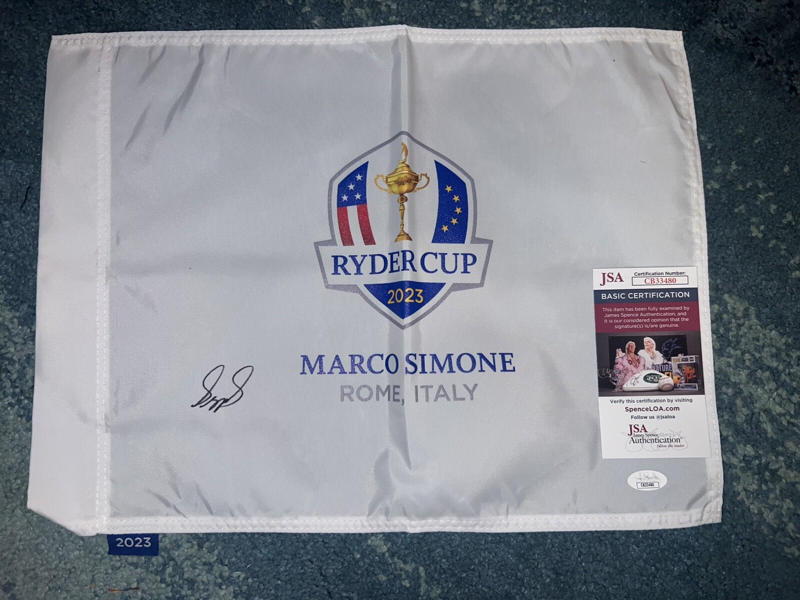 Sepp Straka Signed Official 2023 Ryder Cup Flag Marco Simone Champ JSA