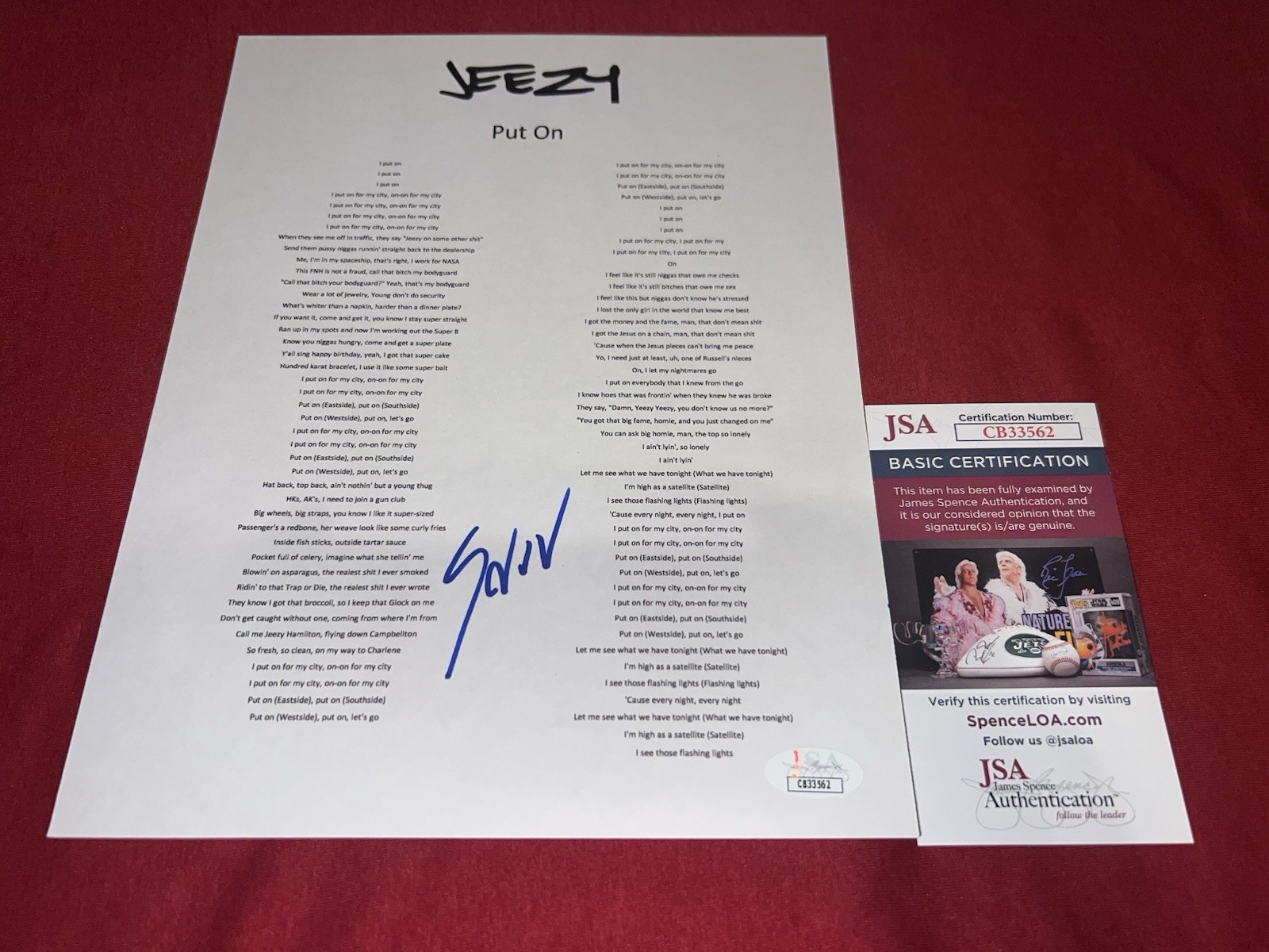 Jeezy signed “Put On” Lyric Sheet Rap Music SuperStar JSA