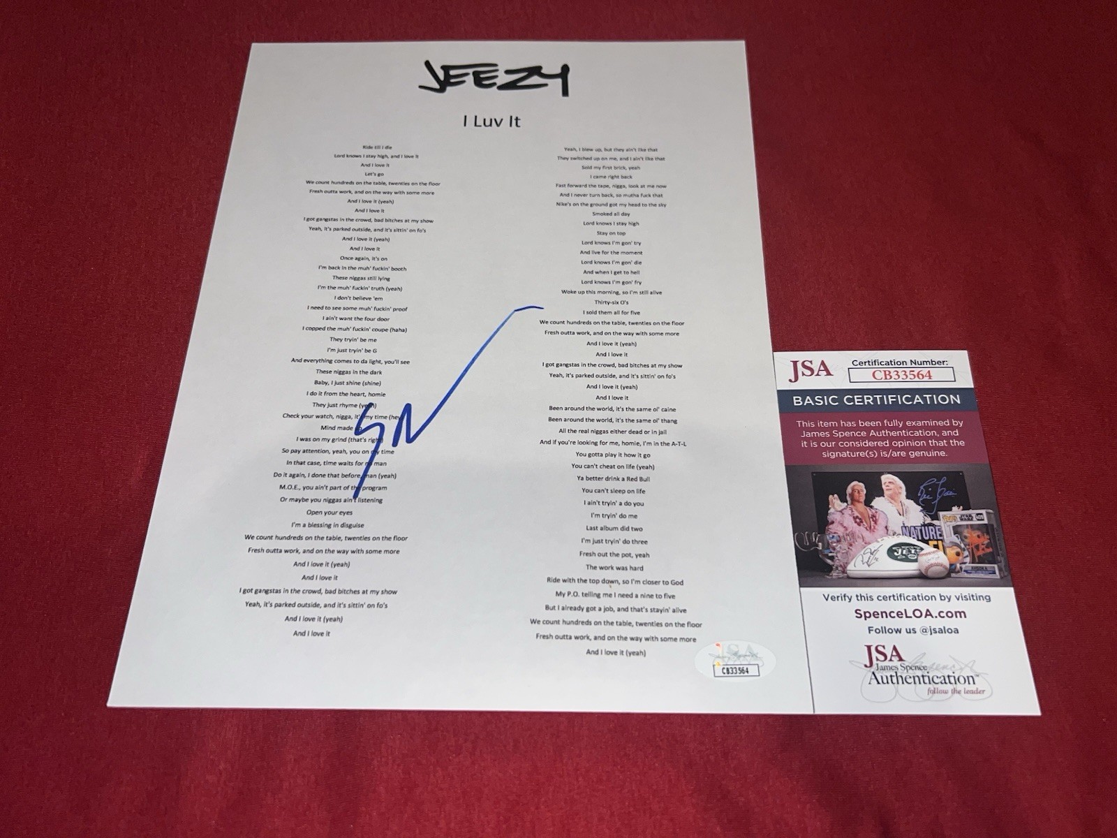 Jeezy signed “I Luv It” Lyric Sheet Rap Music SuperStar JSA
