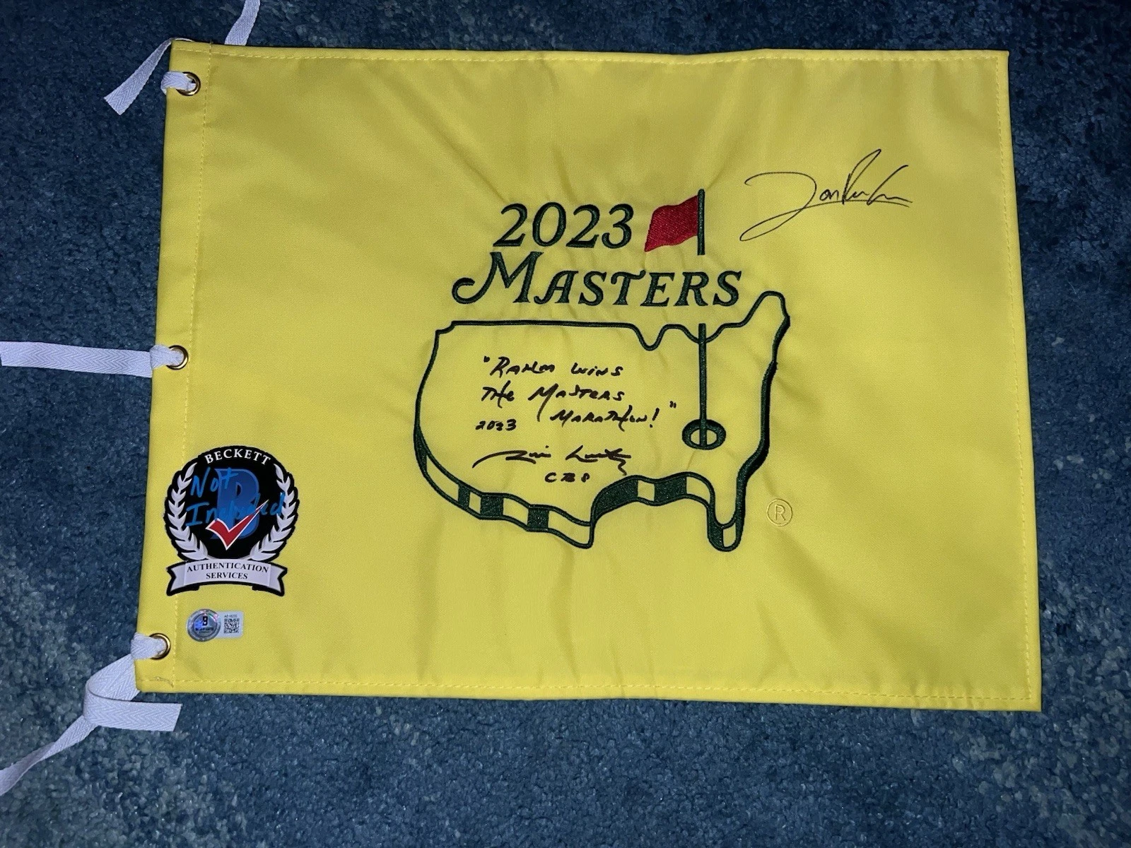 Jon Rahm & Jim Nantz Signed Official 2023 Masters Flag Legends Champ Beckett LOA