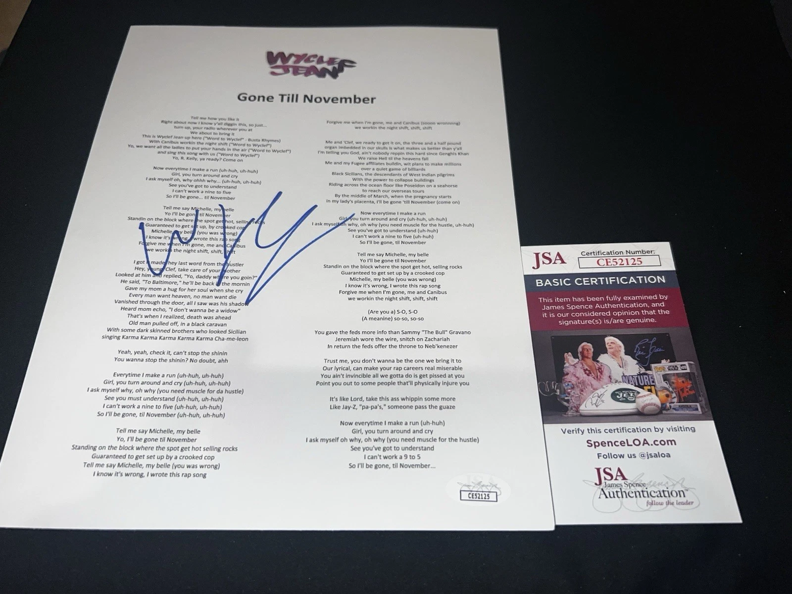 WYCLEF JEAN SIGNED “GONE TILL NOVEMBER” LYRIC SHEET MUSIC SUPERSTAR JSA COLLECTIBLE MEMORABILIA