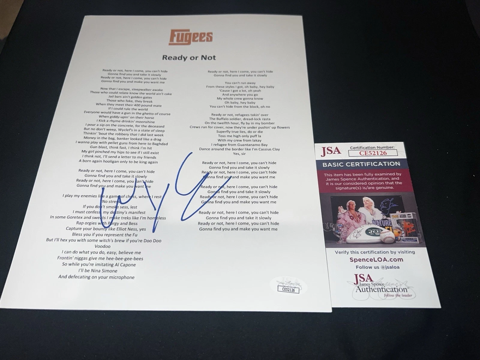 Wyclef Jean signed “Ready Or Not” Lyric Sheet Music SuperStar Fugees JSA