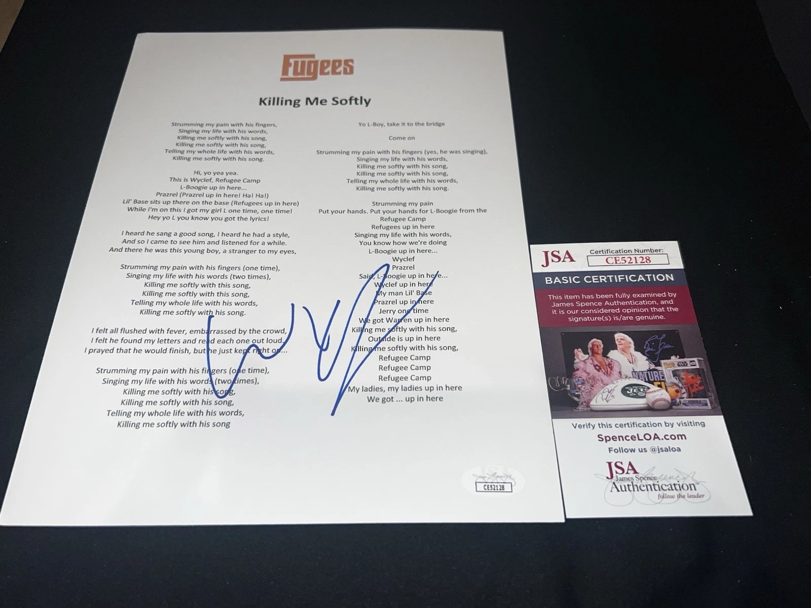 Wyclef Jean signed “Killing Me Softly” Lyric Sheet Music SuperStar Fugees JSA #2