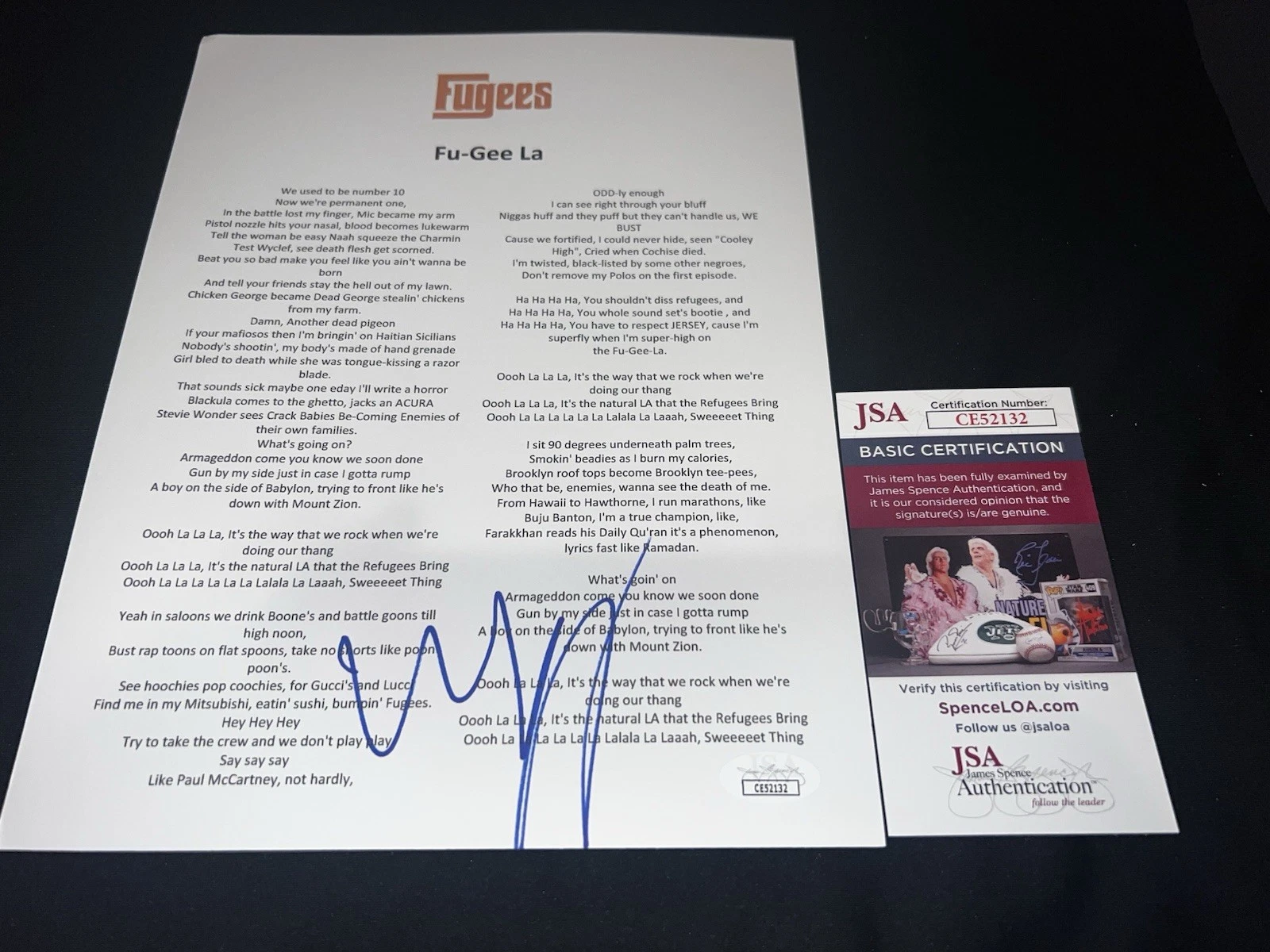 Wyclef Jean signed “Fu-Gee La” Lyric Sheet Music SuperStar Fugees JSA #2