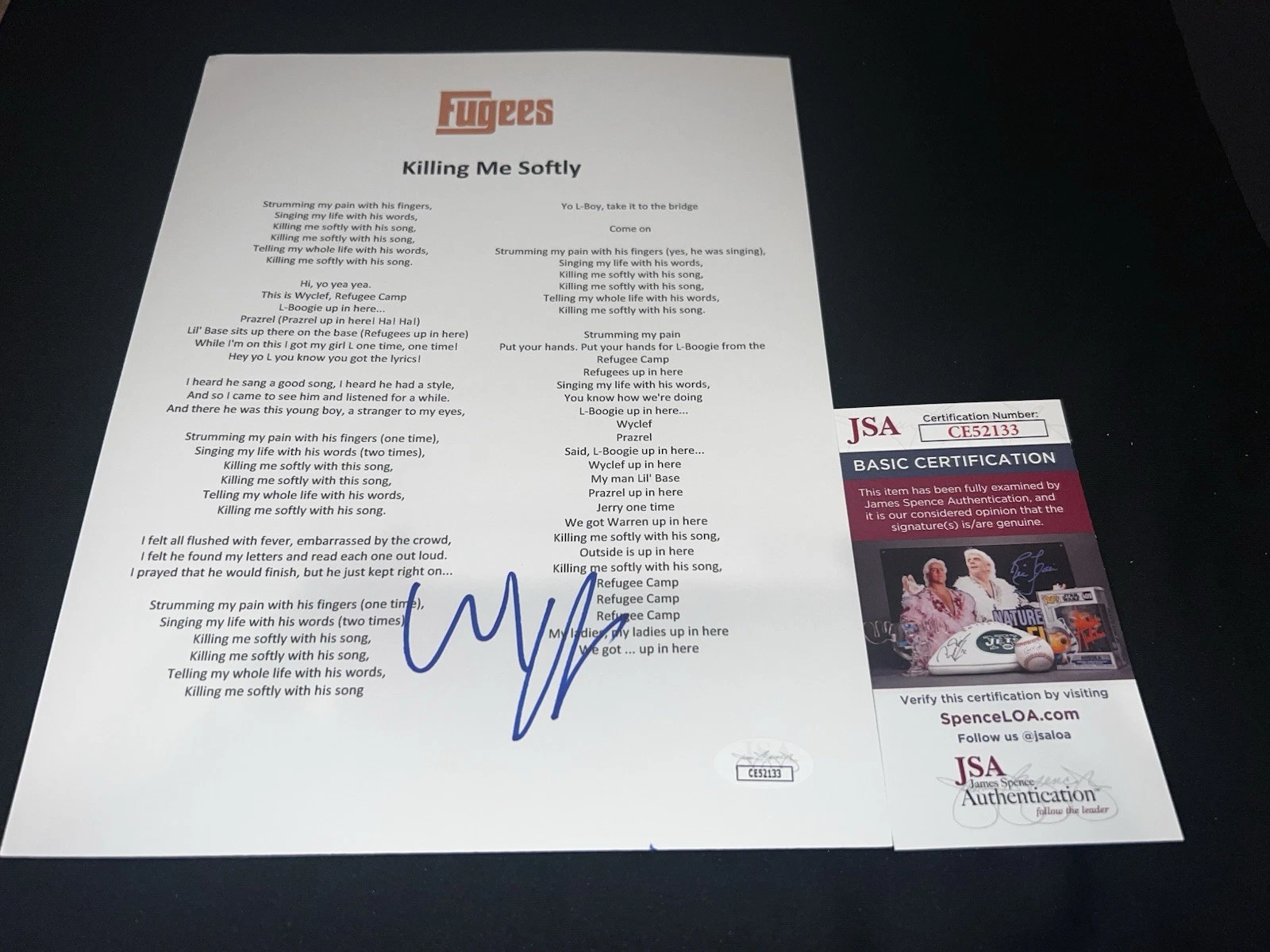 Wyclef Jean signed “Killing Me Softly” Lyric Sheet Music SuperStar Fugees JSA #3