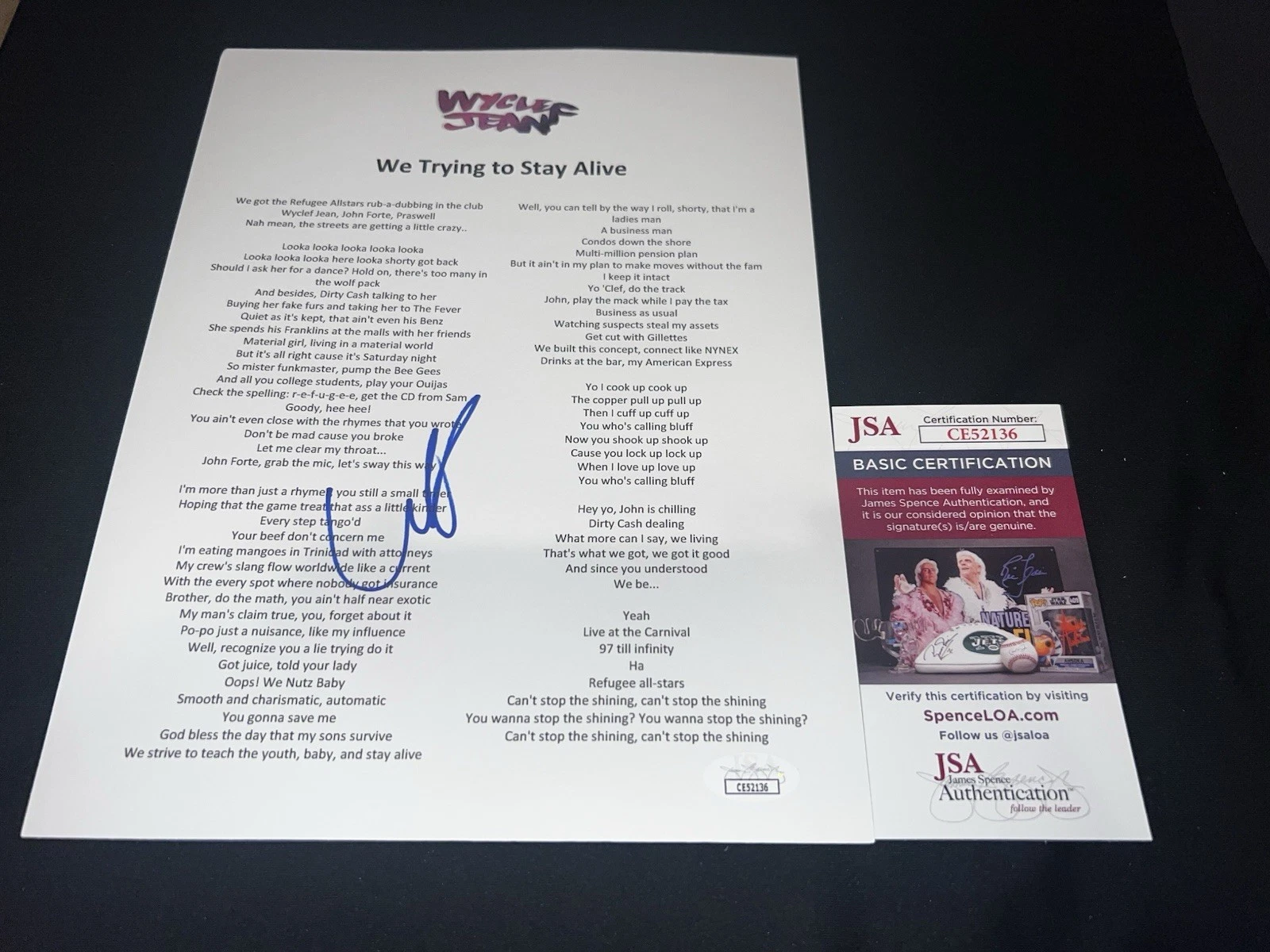 Wyclef Jean signed “We Trying To Stay Alive” Lyric Sheet Music SuperStar JSA