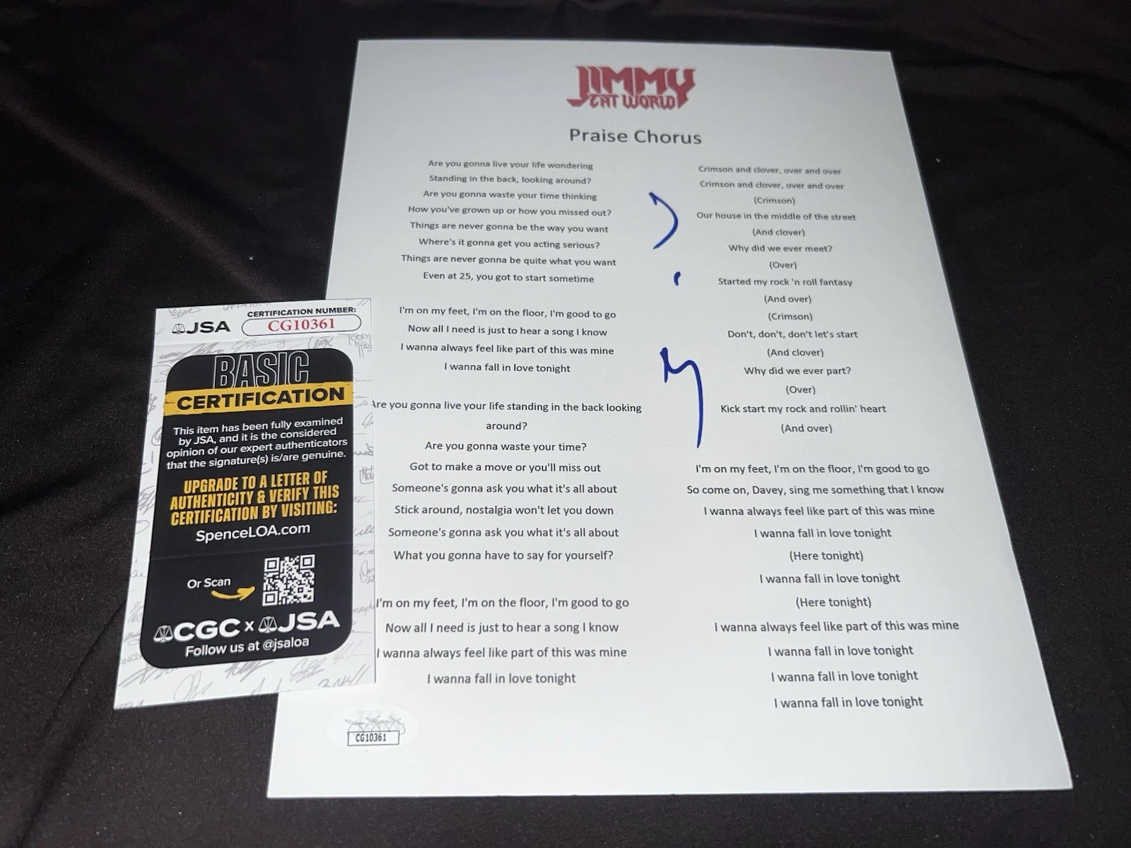 Jim Adkins Signed Jimmy Eat World Lyric Sheet Praise Chorus Legend JSA Auth