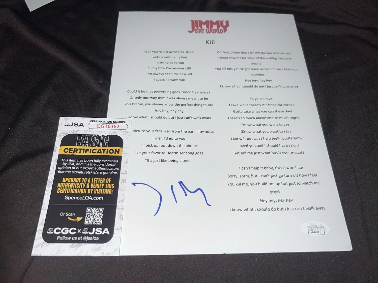 Jim Adkins Signed Jimmy Eat World Lyric Sheet Kill Legend JSA Auth
