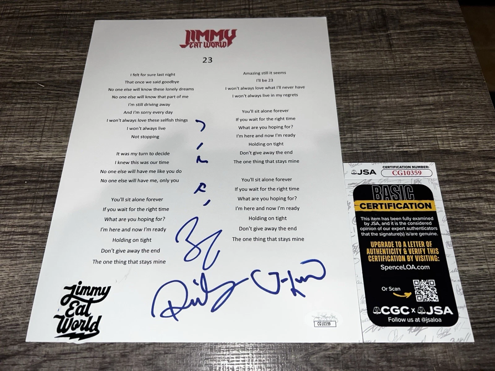Jimmy Eat World Signed Lyric Sheet “23” Jim, Zach, Tom & Rick JSA Auth