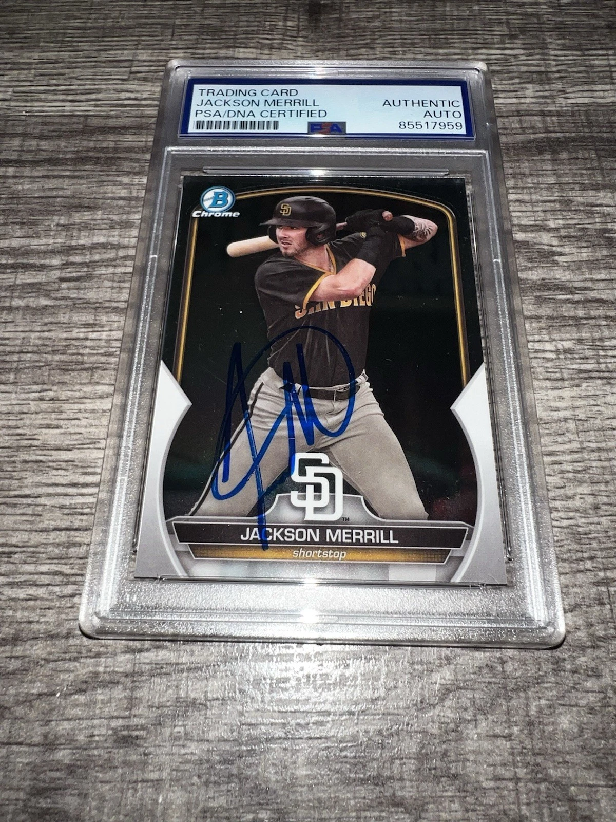 Jackson Merrill Signed 2023 Bowman Chrome Trading Card San Diego Padres PSA
