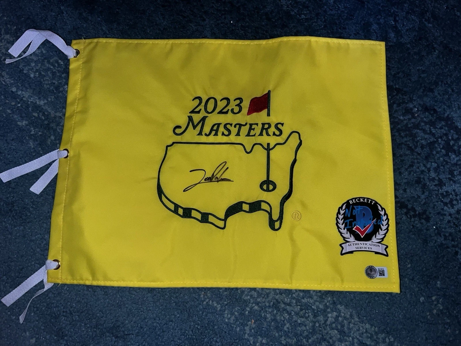 Jon Rahm Signed Official 2023 Masters Flag 2023 Champ Ryder Cup Legend Beckett