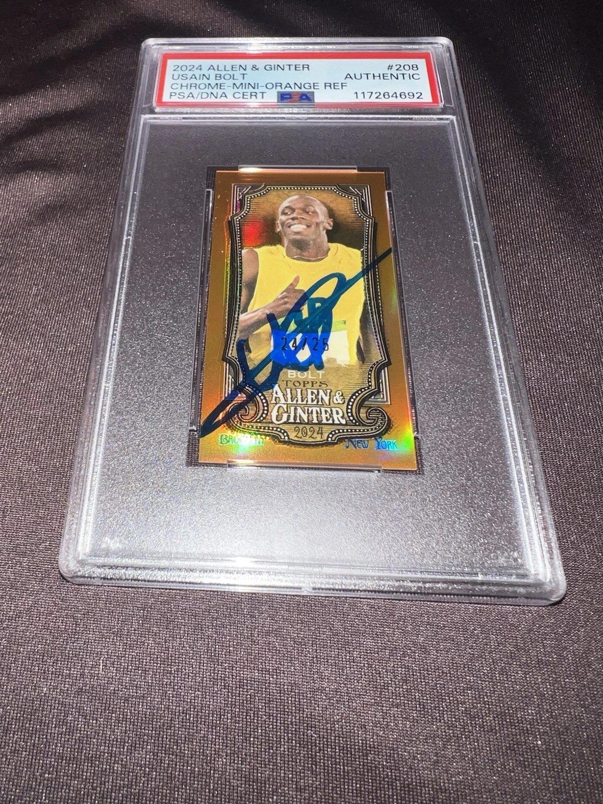 Usain Bolt Signed 2024 A&G Chrome Mini Orange Refractor Trading Card #208 PSA