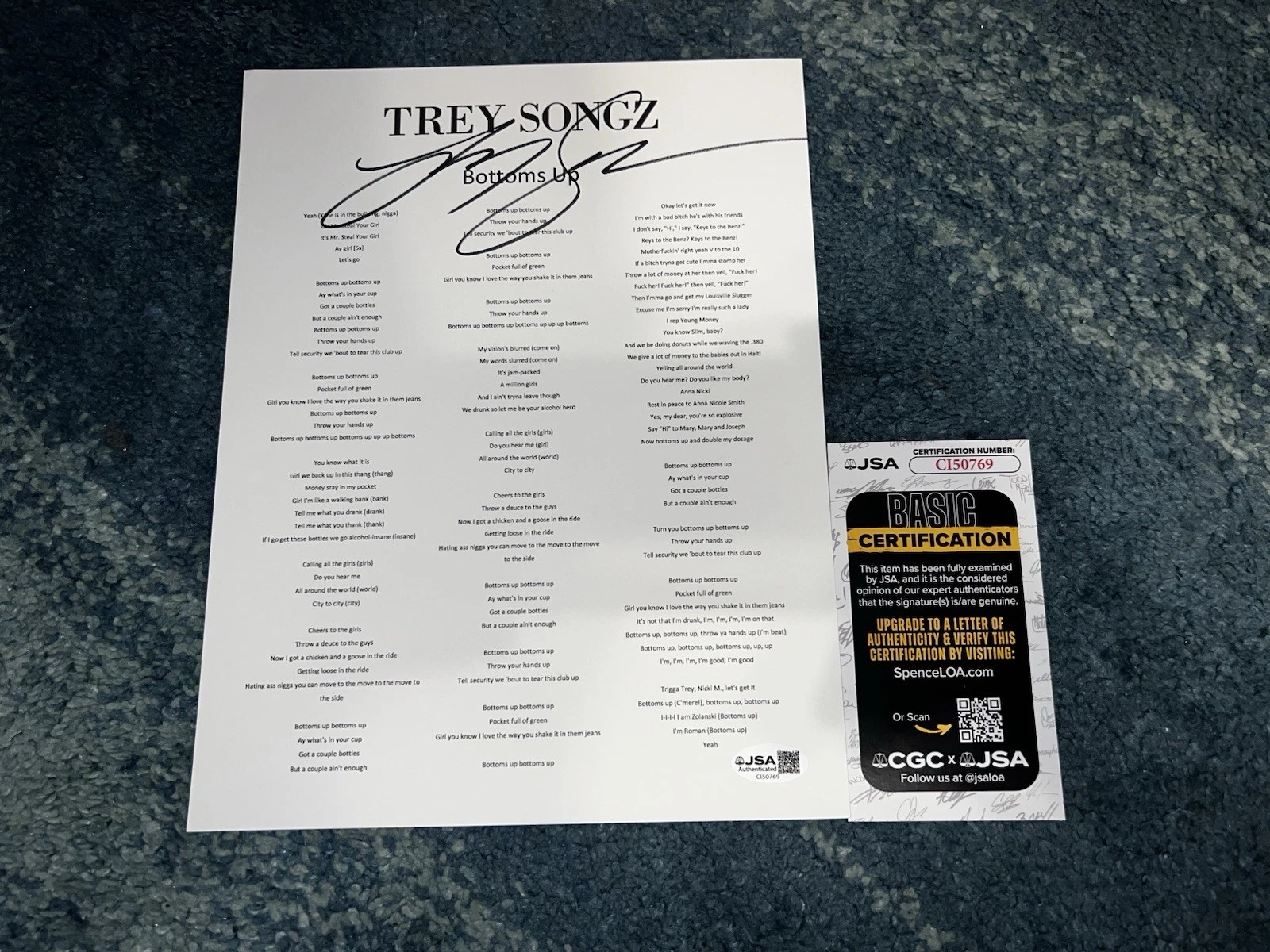 Trey Songz Signed Bottoms Up Lyric Sheet Legend JSA Auth