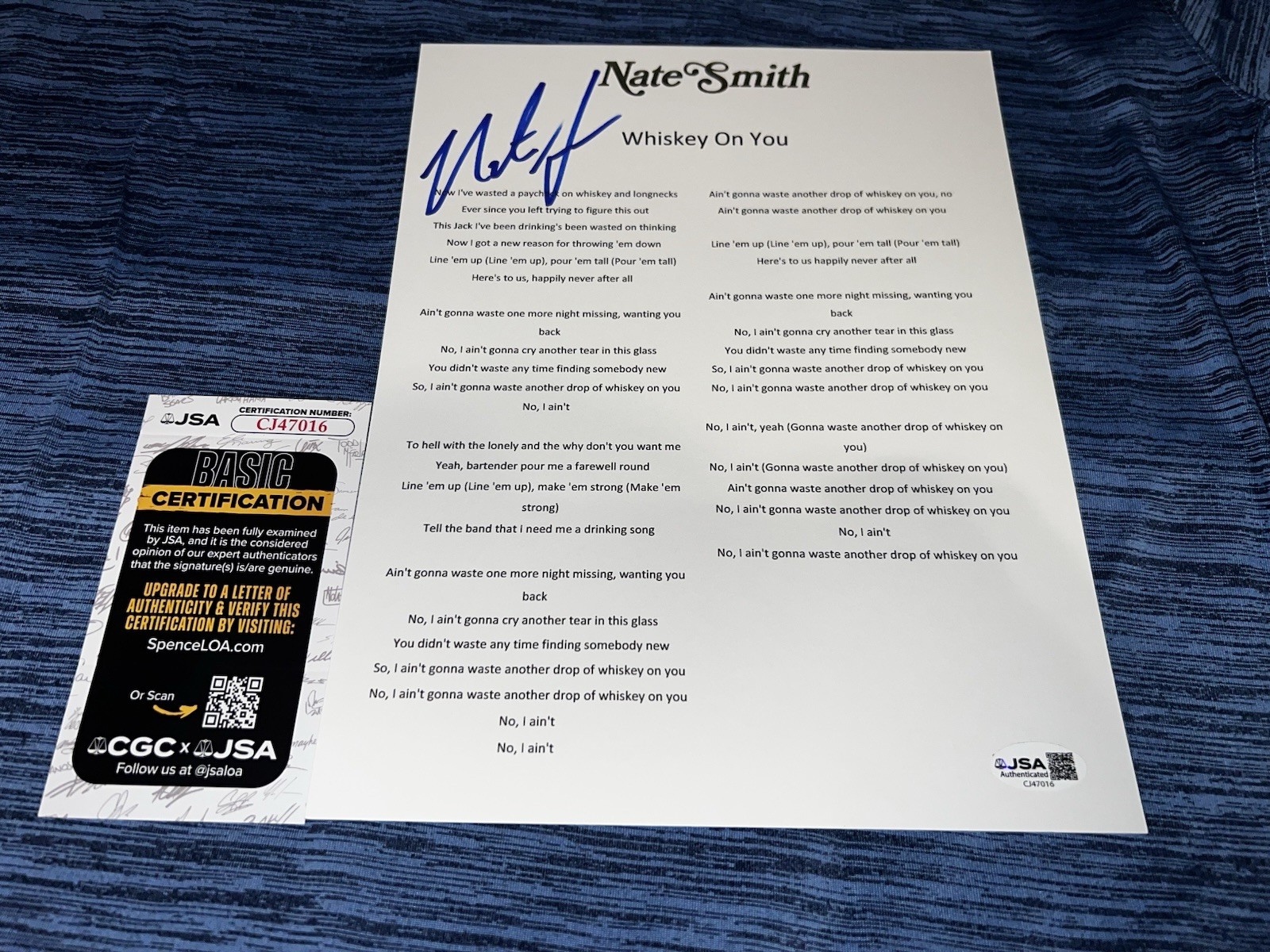 Nate Smith Signed Wreckage Lyric Sheet Country Music Legend JSA Auth #2