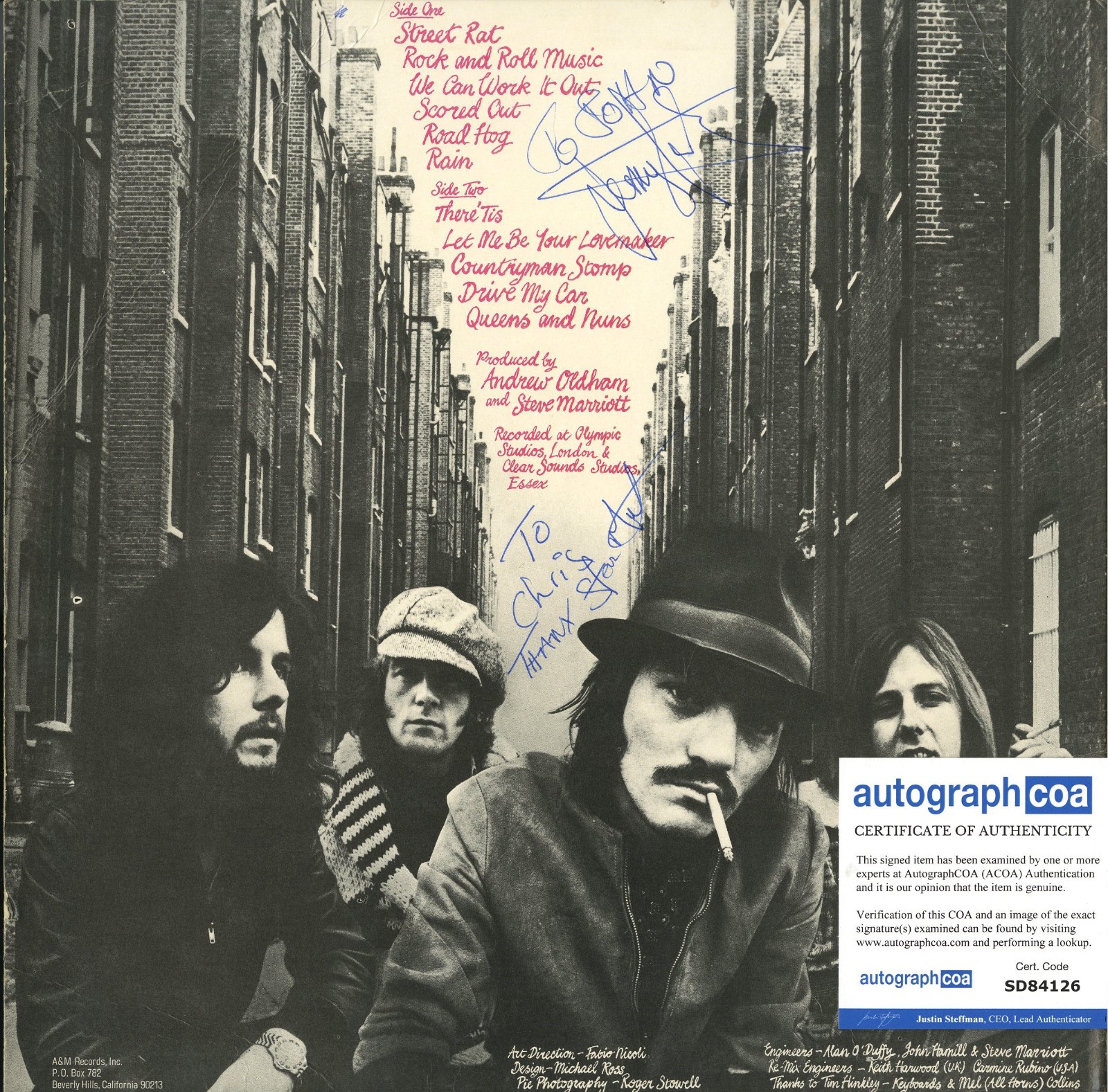 Humble Pie Vinyl Record signed Steve Marriott, Jerry, Street Rats. ACOA