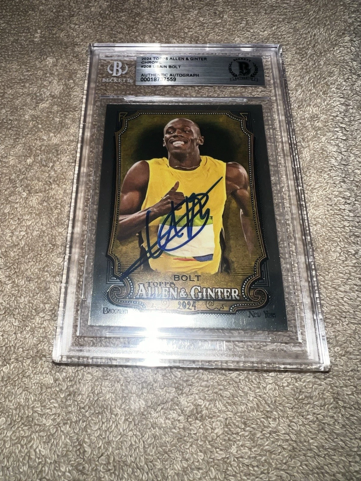 Usain Bolt Signed 2024 A&G Chrome Trading Card #208 Gold Medal Legend Beckett