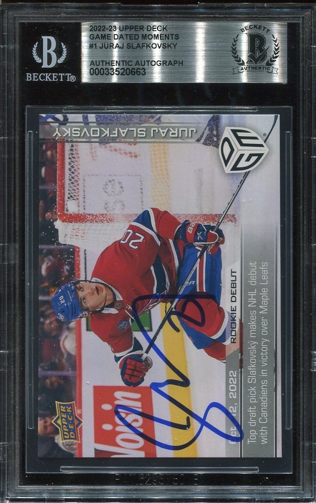 JURAJ SLAFKOVSKY signed auto 2022 UD GAME DATED ROOKIE CARD RC BECKETT (BAS)