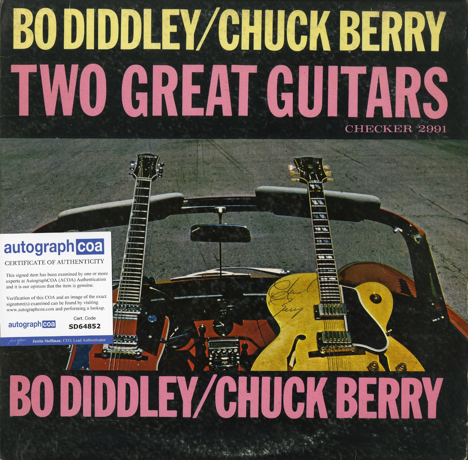 Bo Diddley w/ Chuck Berry signed by Chuck Vinyl Record. ACOA