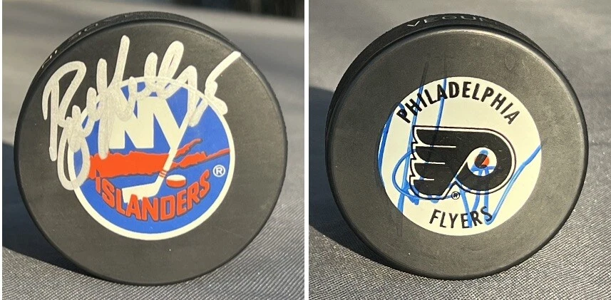 Eric & Brett Lindros 2x Signed Autograph Official NHL Game Puck Flyers Islanders