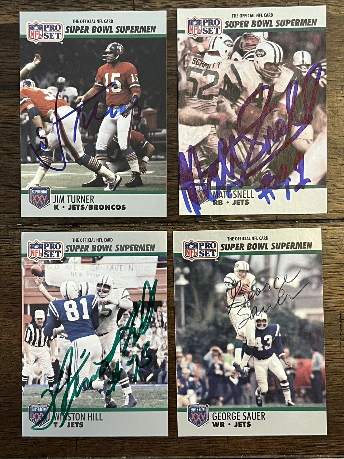 90 Pro Set Jets Lot SB Supermen cards SIGNED X4 Winston Hill George Sauer Snell+