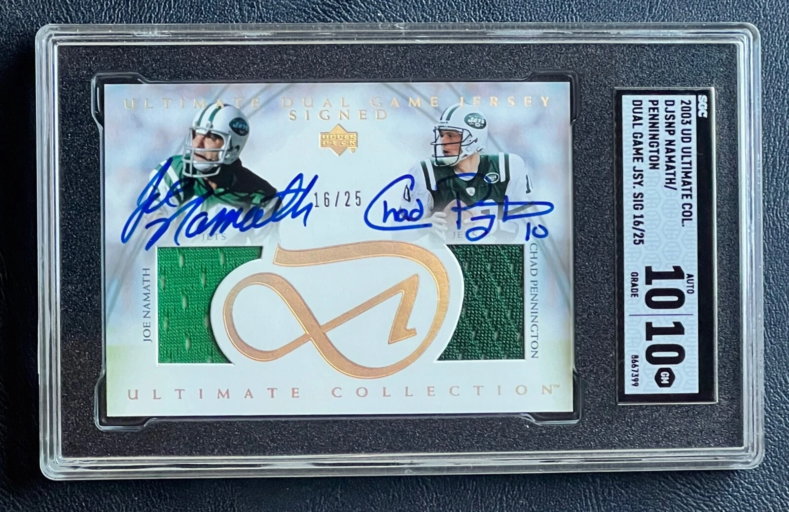 2003 UD Ultimate Dual Game Jersey SIGNED Joe Name Chad Pennington 16/25 SGC 10 !