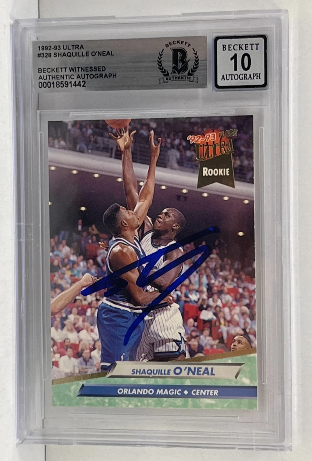 Shaquille O'Neal Signed 1992 Ultra #328 Rookie Card BAS Slabbed Auto Grade 10