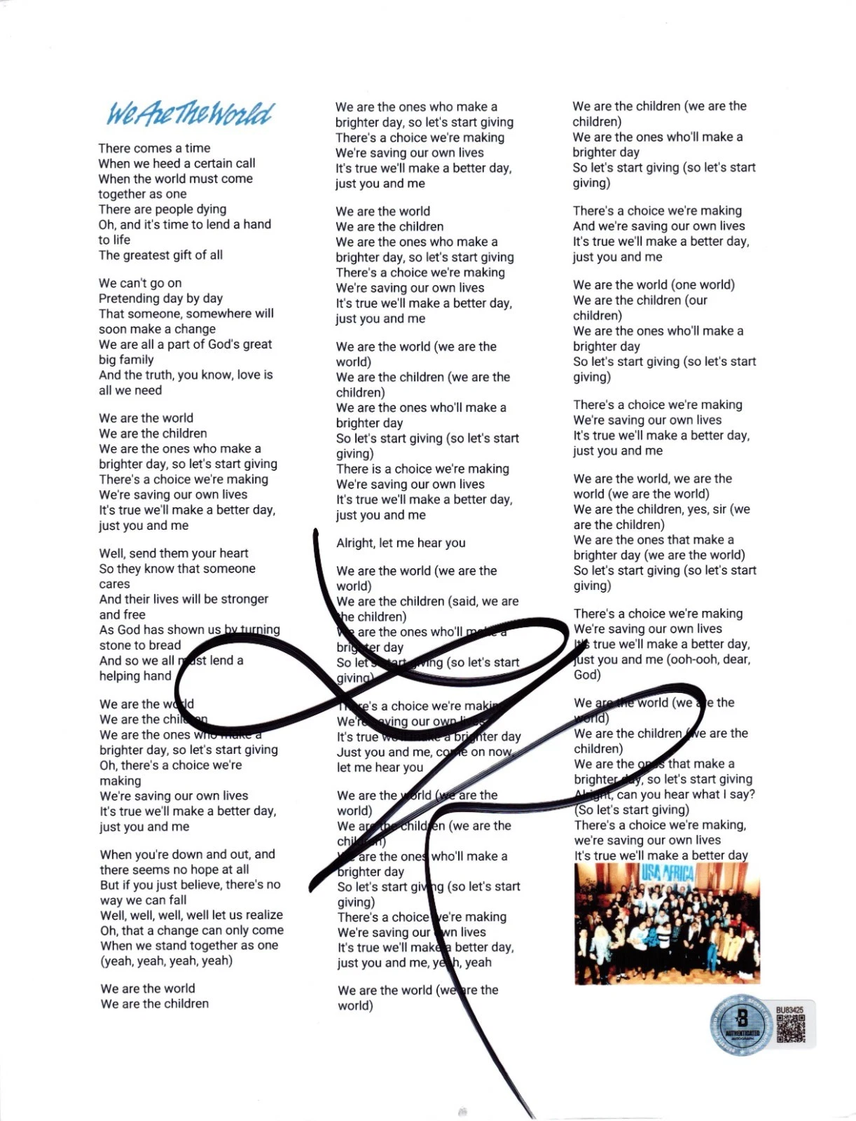 Lionel Richie Signed We Are The World Lyric Sheet Authentic Autograph Beckett