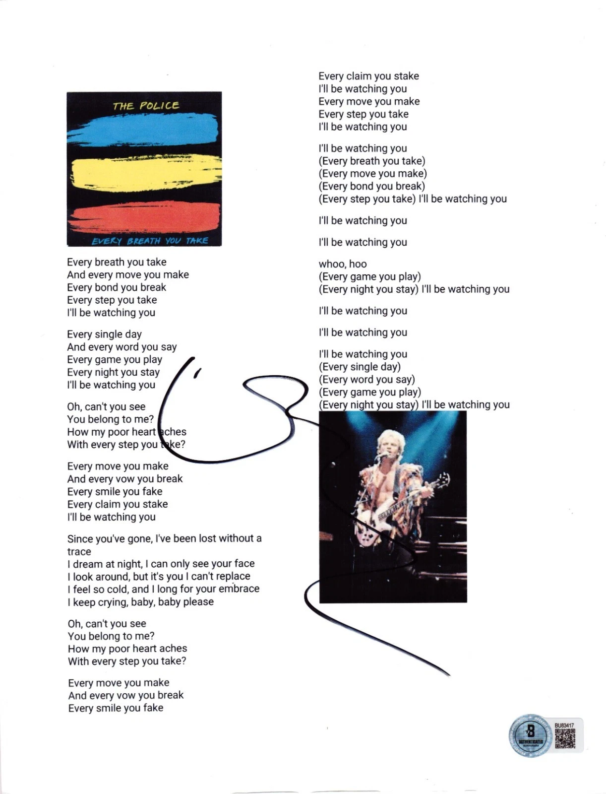 Sting Signed Every Breath You Take Lyric Sheet The Police Autograph Beckett