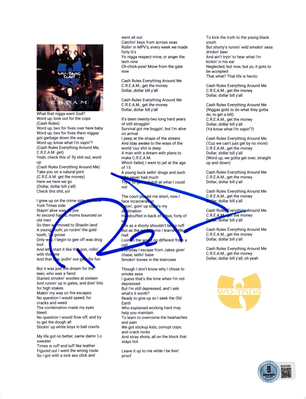 RZA Signed Wu Tang Clan Cream Lyric Sheet Authentic Autograph Beckett