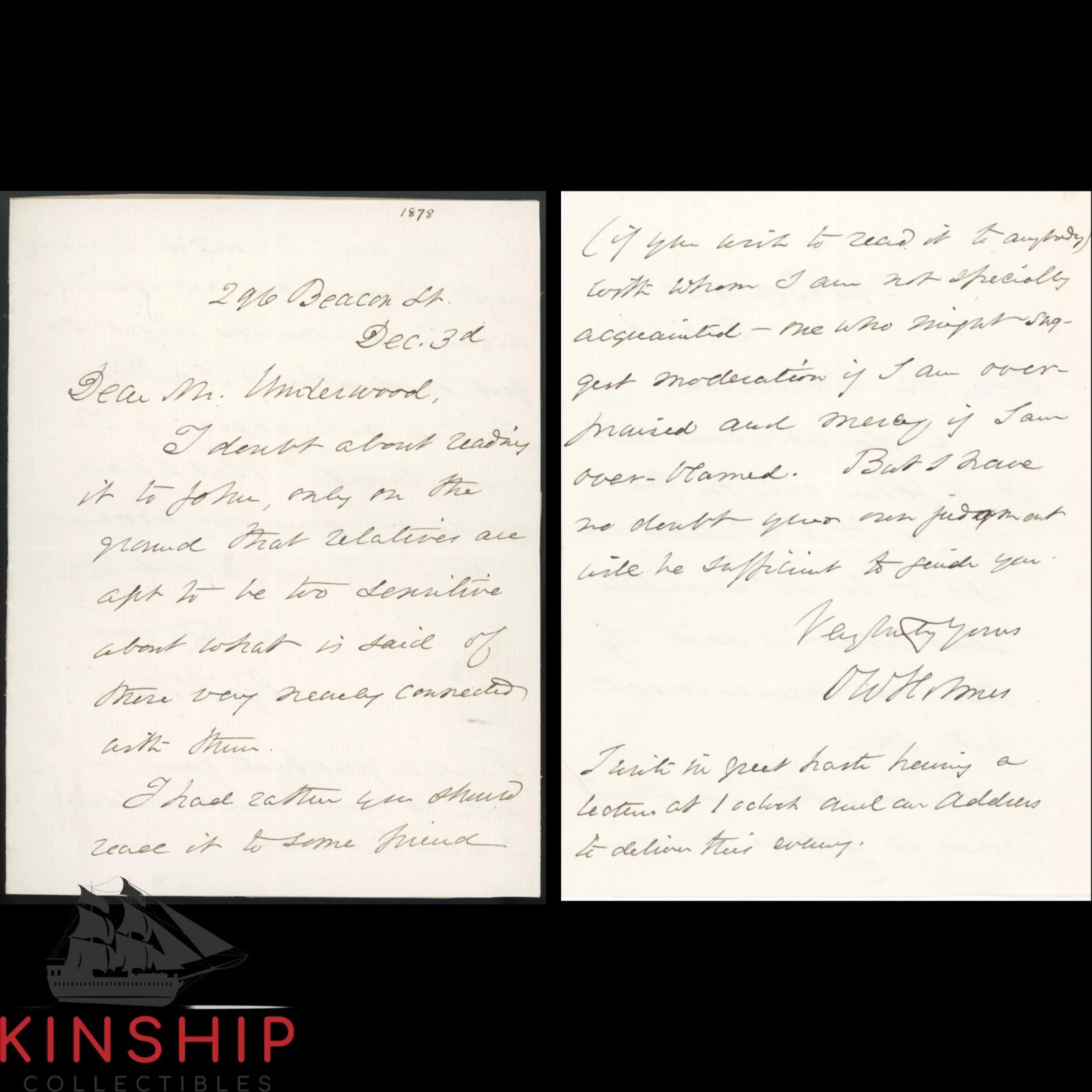 Oliver Wendall Holmes signed Handwritten Letter JSA COA Inscribed Auto Rare Z196