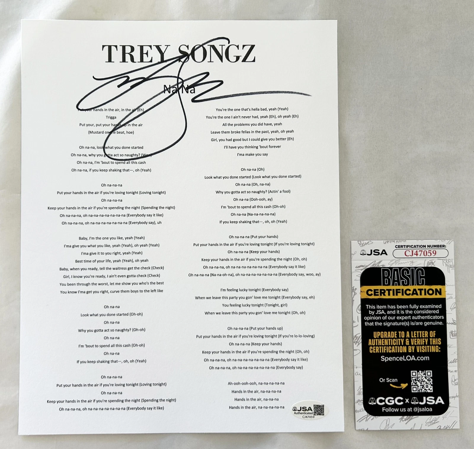 Trey Songz Signed Lyric Sheet Na Na JSA COA