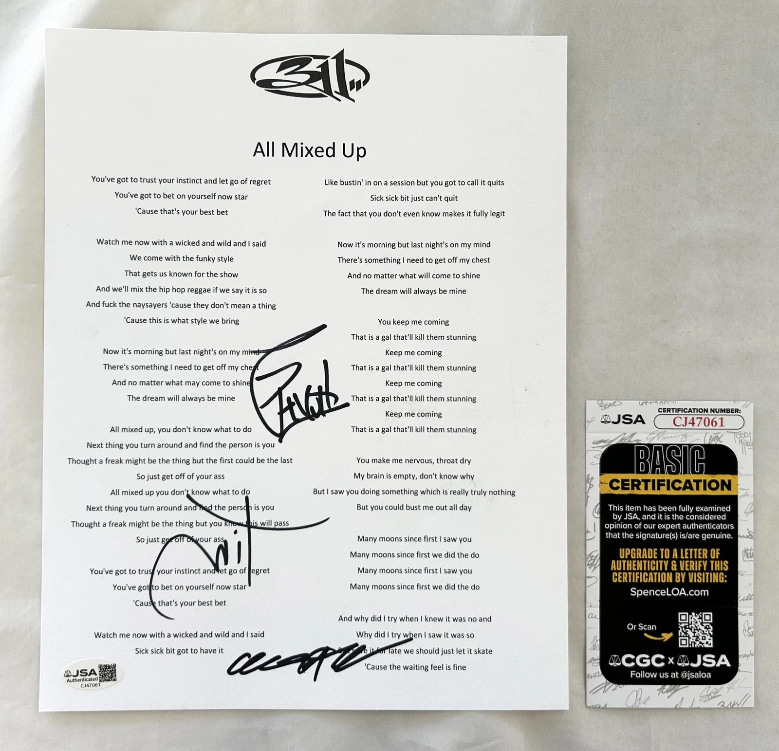 311 Band Signed Lyric Sheet All Mixed Up P-Nut Sexton Mahoney JSA COA