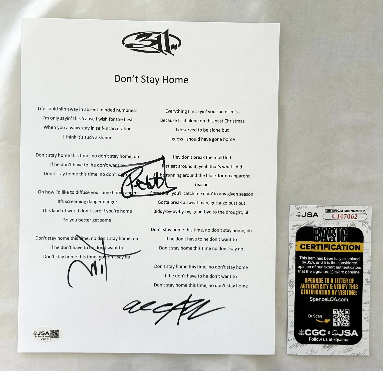 311 Band Signed Lyric Sheet Dont Stay Home P-Nut Sexton Mahoney JSA COA