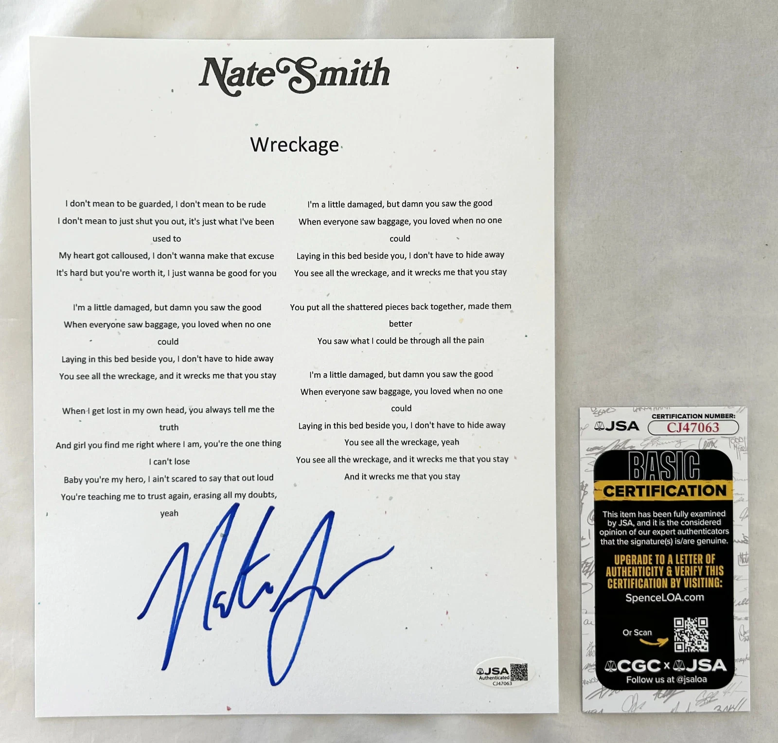 Nate Smith Signed Lyric Sheet Wreckage JSA 1 COA